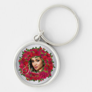 Rotes Rosen-Foto-Design mit individuellem Text Schlüsselanhänger
