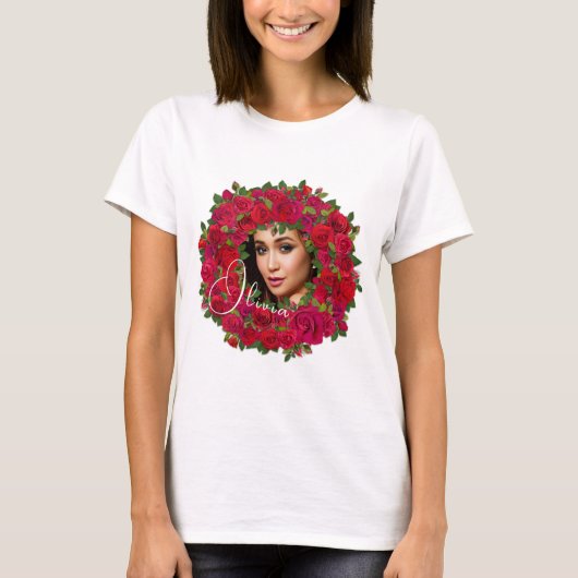 Rotes Rosen-Fotodesign mit individuellem Text T-Shirt (Vorderseite)