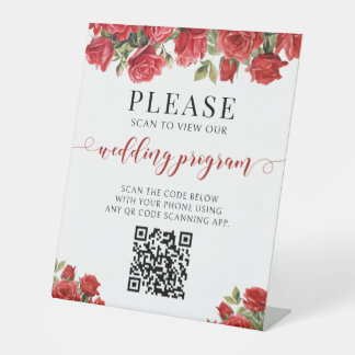 Rotes Rosenblumen-QR-Code-Hochzeitsprogramm Sockelschild
