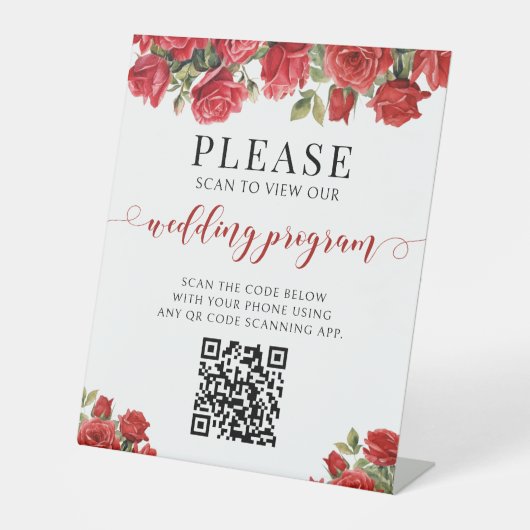 Rotes Rosenblumen-QR-Code-Hochzeitsprogramm  Sockelschild (Vorderseite)