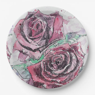 Rotes Rosenblumenmuster Papierpartyplatte Pappteller
