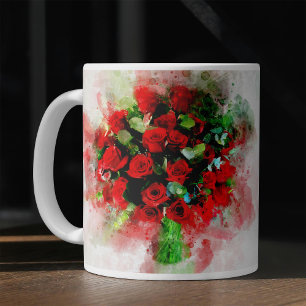 Rotes Rosenbouquet Aquarell auf weißem Hintergrund Kaffeetasse