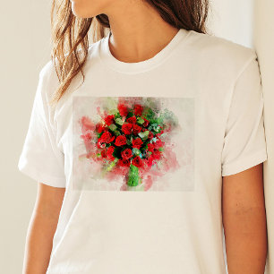 Rotes Rosenbouquet Aquarell auf weißem Hintergrund T-Shirt