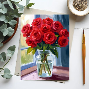 Rotes Rosenbouquet Blumen Vase Aquarell Postkarte