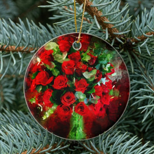 Rotes Rosenbouquet Wasserfarbe auf schwarzem Hinte Keramik Ornament