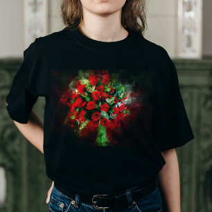 Rotes Rosenbouquet Wasserfarbe auf schwarzem Hinte T-Shirt
