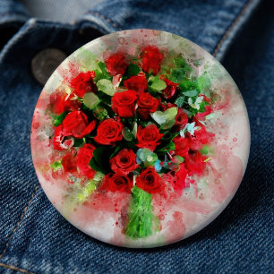 Rotes Rosenbouquet Wasserfarbe auf weißem Hintergr Button
