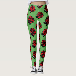 Rotes Rosenmuster auf Grün Leggings