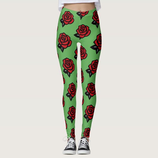 Rotes Rosenmuster auf Grün Leggings (Vorderseite)