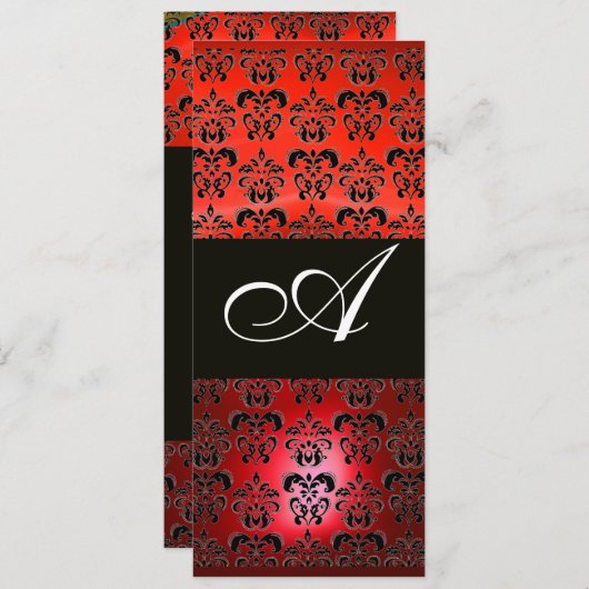 ROTES RUBY- UND SCHWARZES DAMASK-MONOGRAMM, weiß Einladung (Vorne/Hinten)