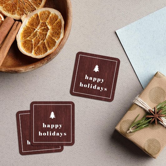 Rotes rustikales Baumholzmuster Weihnachtssticker Quadratischer Aufkleber