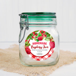 Rotes Rustikales Gingham Himbeer-Marmeladen-Glas-E Runder Aufkleber
