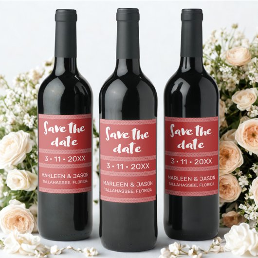 Rotes Save the Date Weinlabel Weinetikett