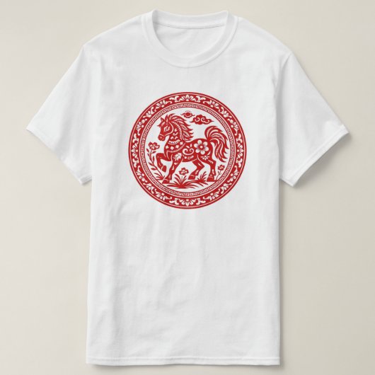 Rotes Scherenschnitt-Pferd Traditionelle Kunst T-Shirt (Design vorne)