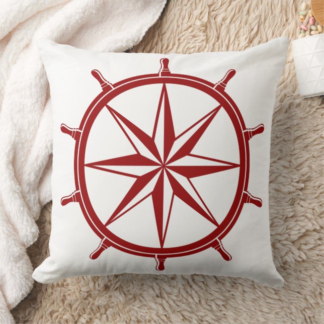 Rotes Schiffs-nautischrad auf Weiß Kissen (Decke)