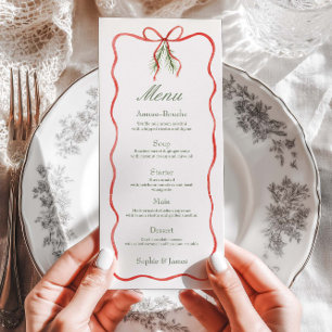 Rotes Schleifenband Winterhochzeit Flachmenü Menükarte