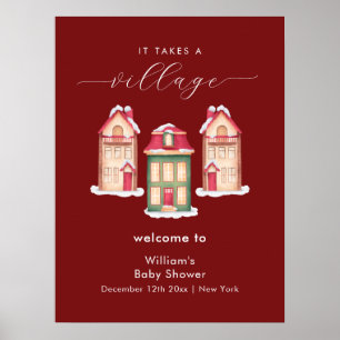 Rotes Schnee-Lebkuchendorf-Baby-Shower-Willkommen Poster