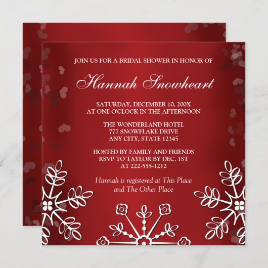 ROTES SCHNEEFLOCKE-BRAUTPARTY EINLADUNG (Vorne/Hinten)
