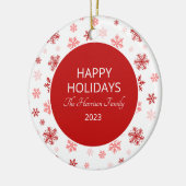Rotes Schneeflocken Happy Holidays Foto Keramik Ornament (Links)