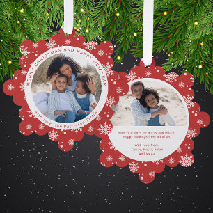 Rotes Schneeflocken-Weihnachts-Familienfoto Ornament Karte