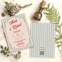 Rotes Schrift Blau Streifen QR-Code Retro-Hochzeit