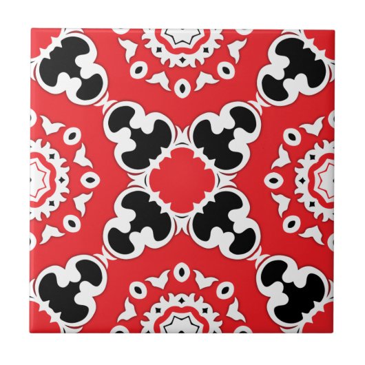 Rotes Schwarz und Weiß Elegantes Verziertes Damask Fliese (Vorderseite)