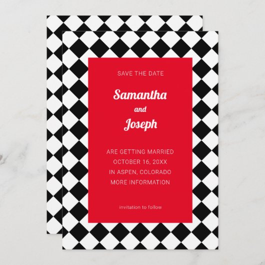 Rotes Schwarz und Weiß Save the Date Einladung (Vorne/Hinten)