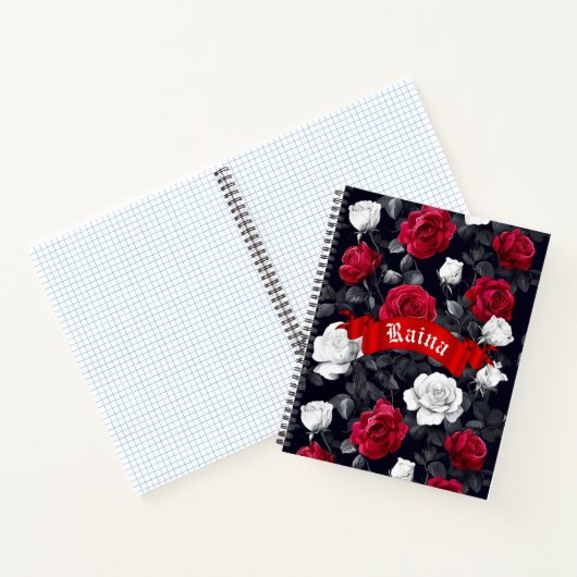Rotes Schwarz und Weiße Rosen Goth Notizblock (Innenseite)