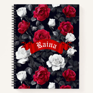 Rotes Schwarz und Weiße Rosen Goth Notizblock
