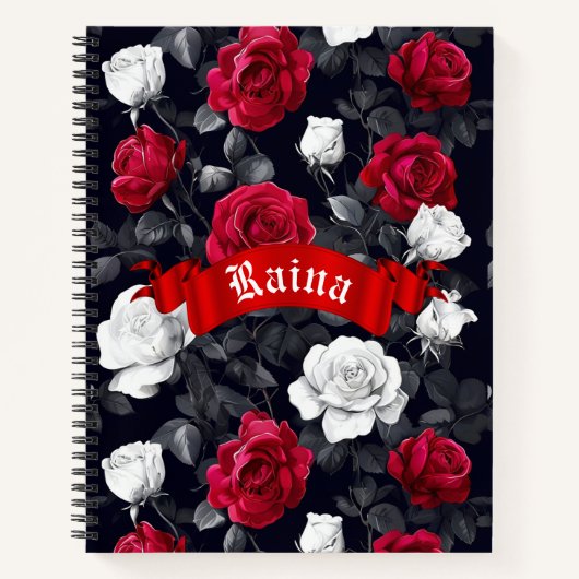 Rotes Schwarz und Weiße Rosen Goth Notizblock (Vorderseite)