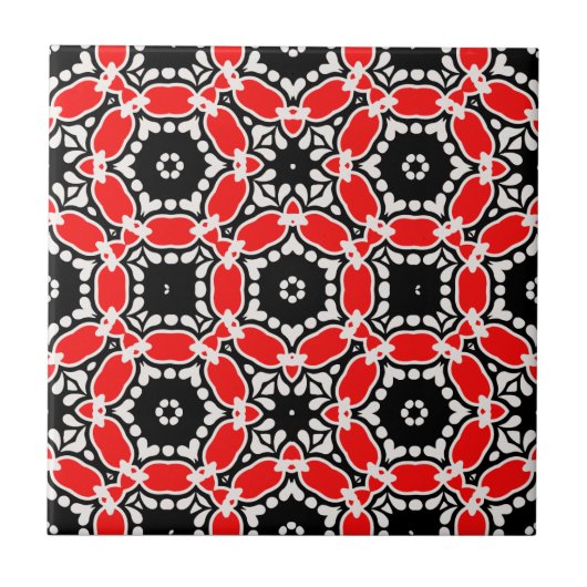 Rotes Schwarz-Weiß-Kaleidoskopisches Mosaikmuster Fliese (Vorderseite)