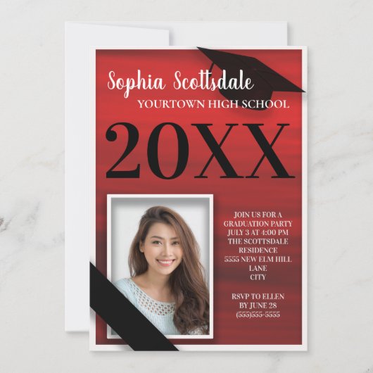 Rotes Schwarz-weißes Abschluss Ankündigung Party (Vorderseite)