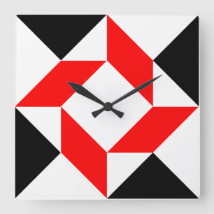 Rotes Schwarz-weißes abstraktes geometrisches Quadratische Wanduhr