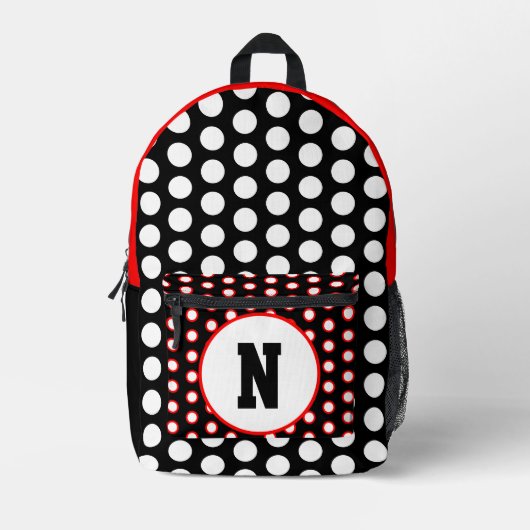 Rotes Schwarz-weißes Polka Dots Monogramm Bedruckter Rucksack (Vorderseite)