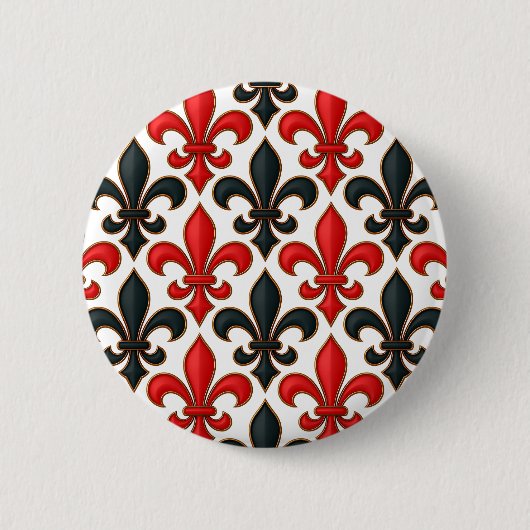 Rotes Schwarzes Barock Fleur-de-lis-Muster Button (Vorderseite)