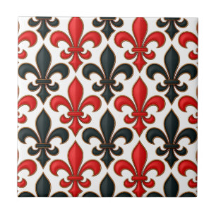 Rotes Schwarzes Barock Fleur-de-lis-Muster Fliese