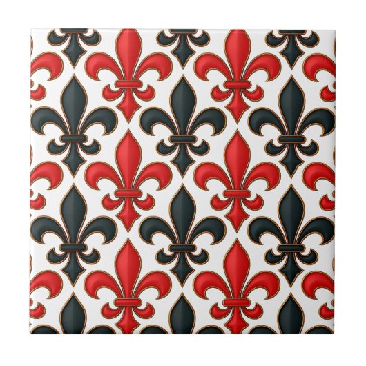 Rotes Schwarzes Barock Fleur-de-lis-Muster Fliese (Vorderseite)