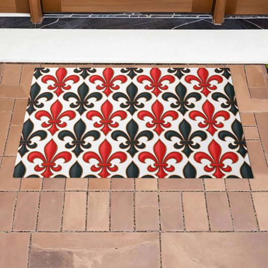 Rotes Schwarzes Barock Fleur-de-lis-Muster Fußmatte