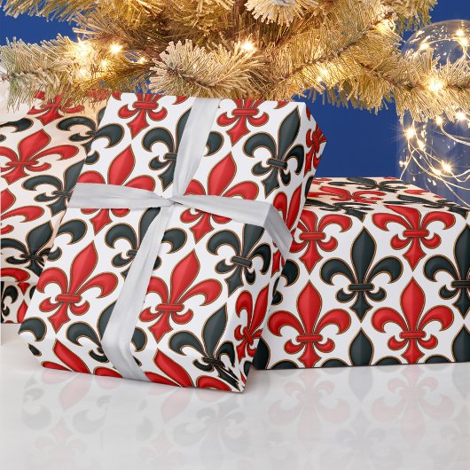 Rotes Schwarzes Barock Fleur-de-lis-Muster Geschenkpapier