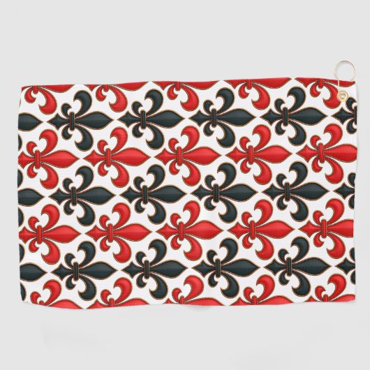 Rotes Schwarzes Barock Fleur-de-lis-Muster Golfhandtuch (Horizontal)