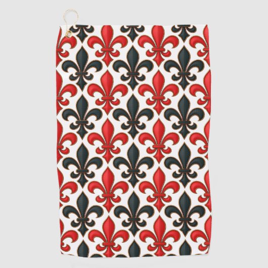 Rotes Schwarzes Barock Fleur-de-lis-Muster Golfhandtuch (Vorderseite)