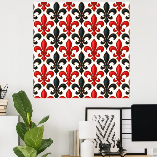 Rotes Schwarzes Barock Fleur-de-lis-Muster Poster