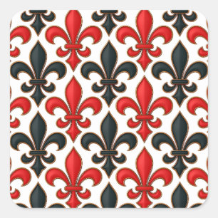 Rotes Schwarzes Barock Fleur-de-lis-Muster Quadratischer Aufkleber