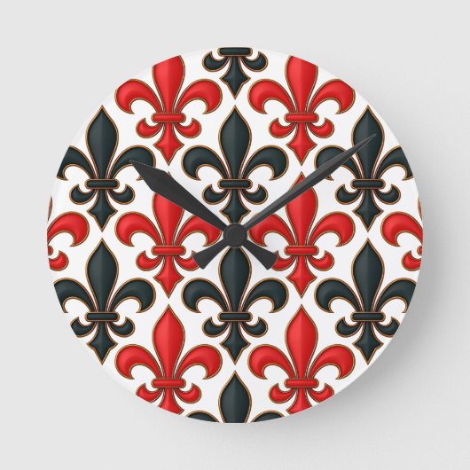 Rotes Schwarzes Barock Fleur-de-lis-Muster Runde Wanduhr (Vorderseite)