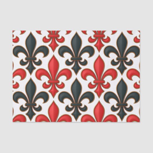 Rotes Schwarzes Barock Fleur-de-lis-Muster Seidenpapier (Vorderseite)