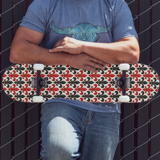 Rotes Schwarzes Barock Fleur-de-lis-Muster Skateboard
