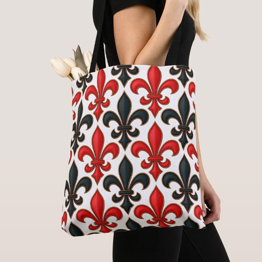 Rotes Schwarzes Barock Fleur-de-lis-Muster Tasche