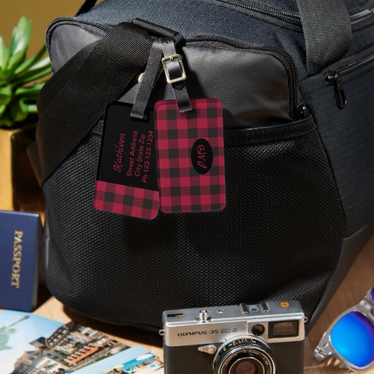 Rotes Schwarzes Buffalo Karierter Karo Monogramm I Gepäckanhänger (Vorderseite & Rückseite)