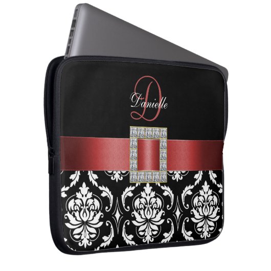 ROTES, SCHWARZES DAMAST-MONOGRAMM LAPTOPSCHUTZHÜLLE (Vorne Rechts)