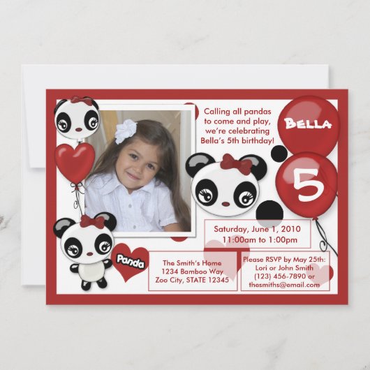 Rotes Schwarzes der Pandageburtstags-Einladung Einladung (Vorderseite)